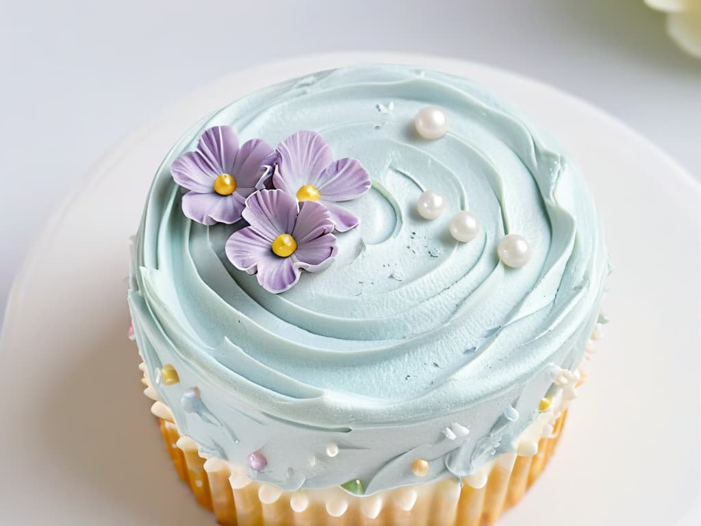  An ultradetailed closeup image of a beautifully decorated cupcake with intricate frosting swirls in pastel colors, adorned with delicate edible flowers and shimmering sugar pearls, set against a stark white background. The details of the frosting texture, the light reflecting off the sugar pearls, and the vibrant colors of the flowers are captured with such clarity that every tiny aspect of the cupcake appears incredibly lifelike and inviting. hyperrealistic, full body, detailed clothing, highly detailed, cinematic lighting, stunningly beautiful, intricate, sharp focus, f/1. 8, 85mm, (centered image composition), (professionally color graded), ((bright soft diffused light)), volumetric fog, trending on instagram, trending on tumblr, HDR 4K, 8K