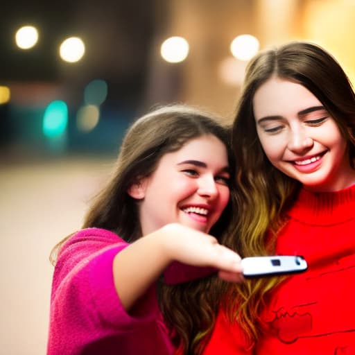  disney night, a photo of a half smiling girl with wavy brown hair wearing white polo sleeve holding a phone for a selfie, is being hugged by a girl in the waist with her eyes closed and smiling happily, wearing a neon sweater