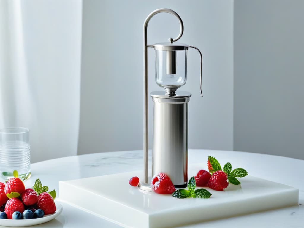  A minimalist image of a sleek, silver siphon dispenser standing on a marble countertop, surrounded by vibrant, fresh berries and delicate sprigs of mint. The soft natural light filtering in from a nearby window casts a gentle glow on the reflective surface of the siphon, highlighting its elegant design and modern functionality. The composition is clean, sophisticated, and visually striking, perfectly capturing the essence of modern pastrymaking with siphon tools. hyperrealistic, full body, detailed clothing, highly detailed, cinematic lighting, stunningly beautiful, intricate, sharp focus, f/1. 8, 85mm, (centered image composition), (professionally color graded), ((bright soft diffused light)), volumetric fog, trending on instagram, trending on tumblr, HDR 4K, 8K