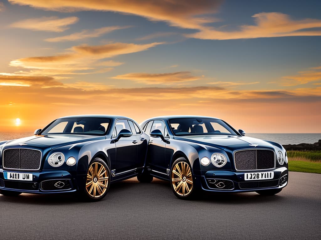  hyper realistic, Black Bentley Mulsanne Mansory, wide angle, winding seaside road, epic sunrise, golden clouds, dramatic lighting, perfect composition, , 4k