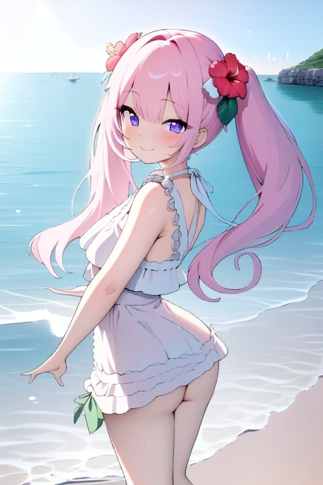  ,big s,pink hair,twin tails,purple eyes,sea,sea time,fashionable ,pink ,beautiful ,cute,beautiful,smile,hibiscus,summer、(absurd detailed:1.4、best quality:1.4、masterpiece:1.4)、Open ,,pink ,big s、,high exposure、 out