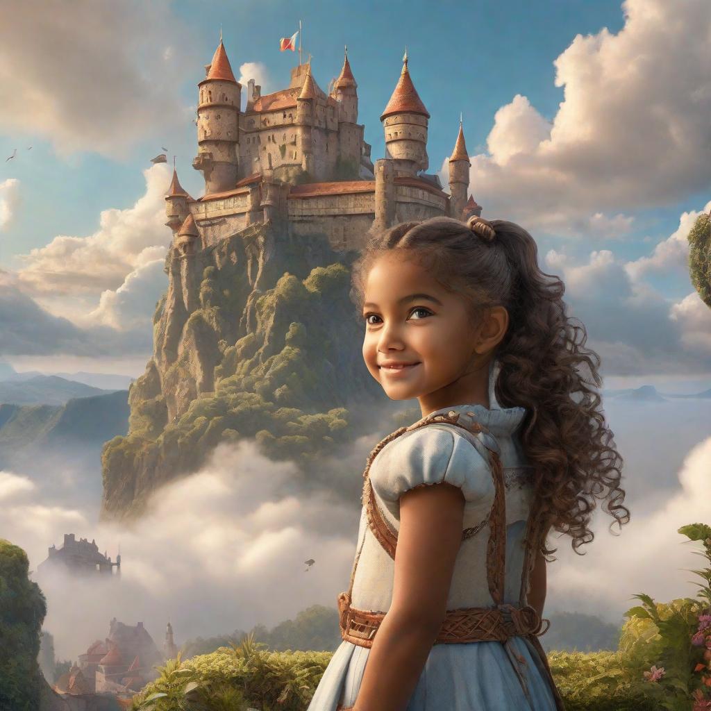  AV6 a little girl, with curly hair in two ponytails, is standing in front of the picture, in the left bottom corner, smiling, inviting the viewer to the small cute flying castle in the sky in the background, she is pointing backwards to the castle with one hand, clouds are around, mythical creatures surrounding hyperrealistic, full body, detailed clothing, highly detailed, cinematic lighting, stunningly beautiful, intricate, sharp focus, f/1. 8, 85mm, (centered image composition), (professionally color graded), ((bright soft diffused light)), volumetric fog, trending on instagram, trending on tumblr, HDR 4K, 8K