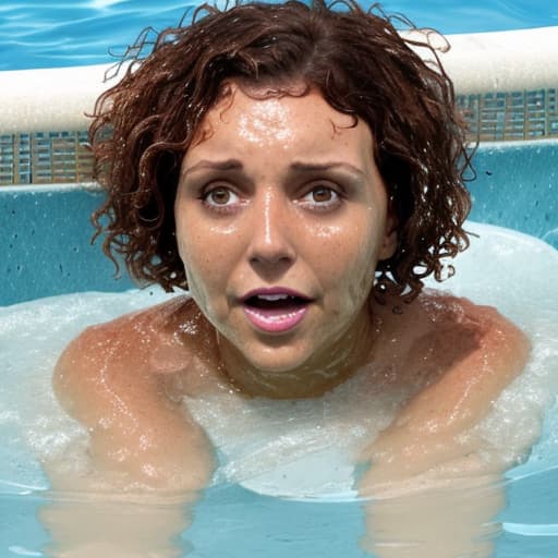  tanned woman's face with short and curly hair is in the water she's panic she's sinking and drowning