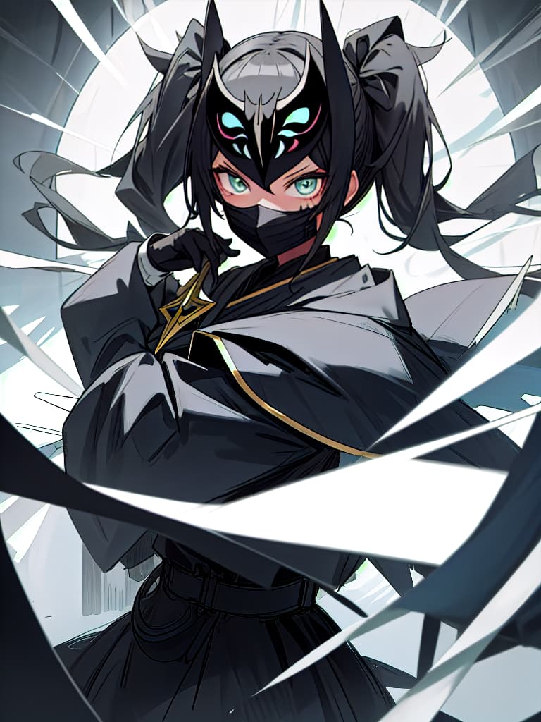  Twin tails, cool, hidden mouth with a mask, magical girl, big scissors, crushed scissors, black mask, black mask, masterpiece, best quality,8k,ultra detailed,high resolution,an extremely delicate and beautiful,hyper detail