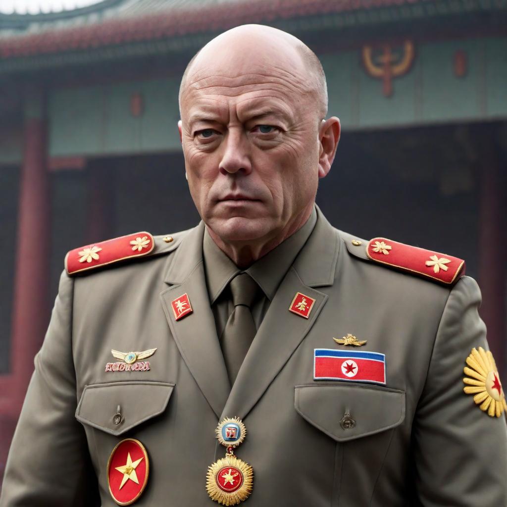  Hank Schrader from Breaking Bad in North Korea dressed as a leader, standing confidently with North Korean insignia. hyperrealistic, full body, detailed clothing, highly detailed, cinematic lighting, stunningly beautiful, intricate, sharp focus, f/1. 8, 85mm, (centered image composition), (professionally color graded), ((bright soft diffused light)), volumetric fog, trending on instagram, trending on tumblr, HDR 4K, 8K