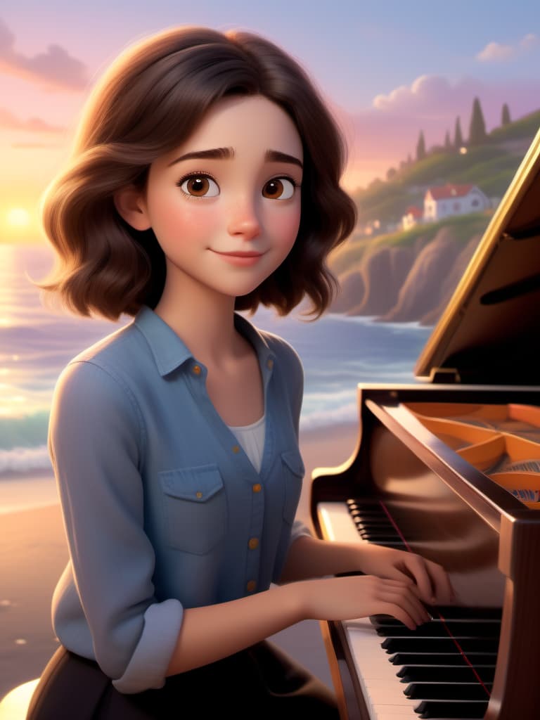  (pixar style:1.5), woman, 21 years, (full figure:2) she has wavy dark brown hair below her shoulders, she has brown eyes, she sits at home at the piano and composes songs, with the sea and sunset in the background