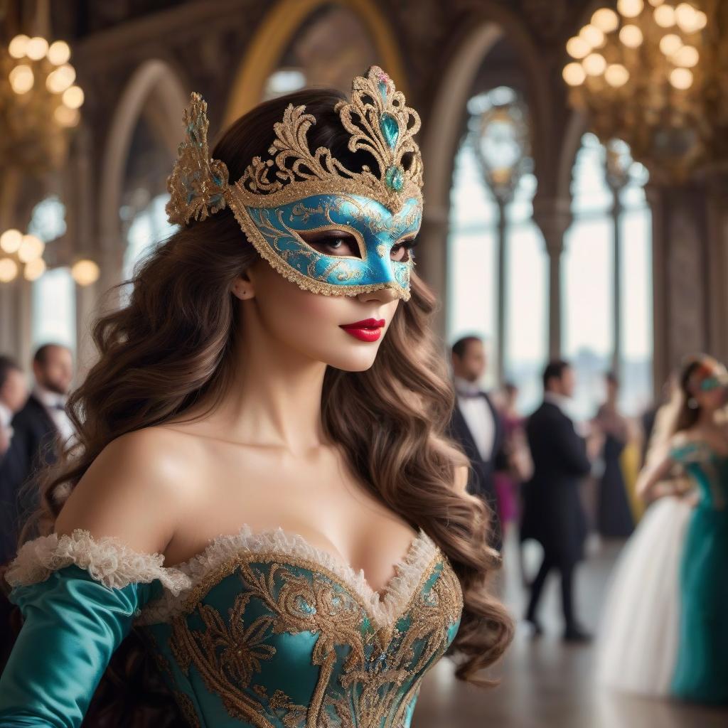  Carnival in Venice. a beautiful young woman in a ball gown, in a bright ((carnival mask)), luxurious thick wavy brown hair. in a 19th century ballroom full of other high society dancers, wearing ((carnival masks)), dances with a handsome young man with dark hair, wearing a colorful ((carnival mask)) hyperrealistic, full body, detailed clothing, highly detailed, cinematic lighting, stunningly beautiful, intricate, sharp focus, f/1. 8, 85mm, (centered image composition), (professionally color graded), ((bright soft diffused light)), volumetric fog, trending on instagram, trending on tumblr, HDR 4K, 8K