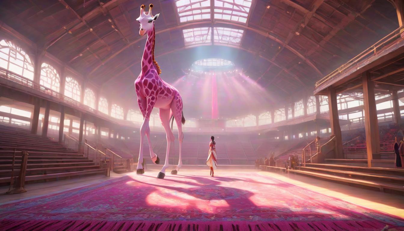  anime artwork Stadium, pink giraffe, Persian rug, Indians dance around. . anime style, key visual, vibrant, studio anime, highly detailed hyperrealistic, full body, detailed clothing, highly detailed, cinematic lighting, stunningly beautiful, intricate, sharp focus, f/1. 8, 85mm, (centered image composition), (professionally color graded), ((bright soft diffused light)), volumetric fog, trending on instagram, trending on tumblr, HDR 4K, 8K