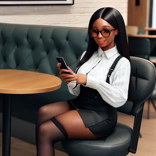  A black woman with a particularly good figure was wearing a miniskirt and black stockings while sitting in a cafe looking at her mobile phone.