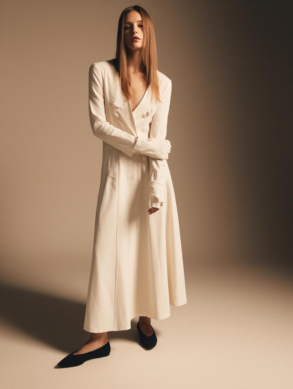  detail, ultra realistic photo, minimalist fashion editorial featuring a model in cream colored, soft textured clothing. the scene is lit with warm, soft lighting that creates gentle shadows, emphasizing the clean lines and fluidity of the outfit. the overall aesthetic is elegant and understated, with muted tones and a calm, serene mood. hyperrealistic, full body, detailed clothing, highly detailed, cinematic lighting, stunningly beautiful, intricate, sharp focus, f/1. 8, 85mm, (centered image composition), (professionally color graded), ((bright soft diffused light)), volumetric fog, trending on instagram, trending on tumblr, HDR 4K, 8K