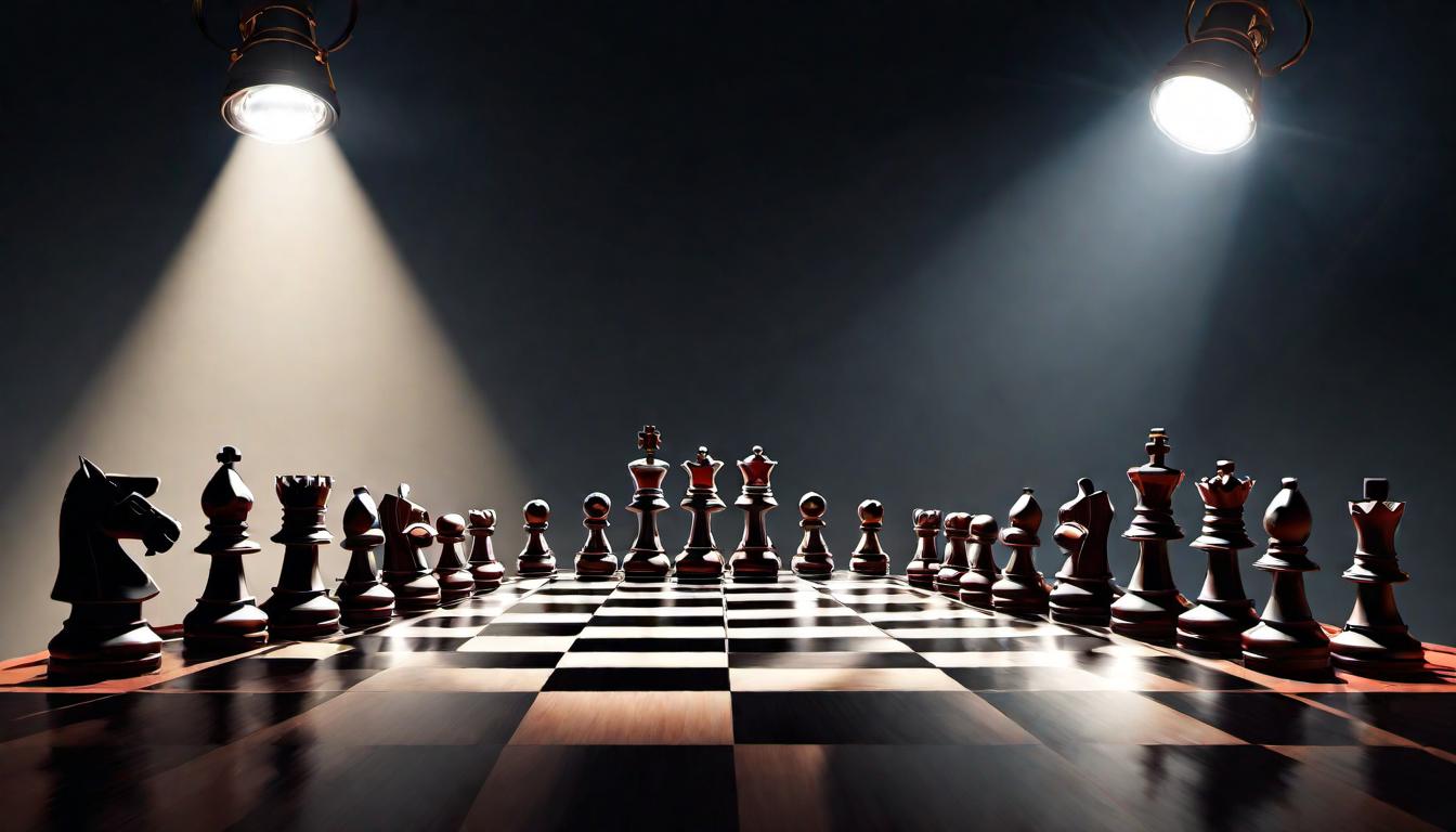  digital illustration, A chessboard under a spotlight, with both sides poised in a moment of critical play, symbolizing strategy, strength, and commitment to the journey, tension, tactical insight, looking at viewer, dynamic pose, (intricate details, masterpiece, best quality)