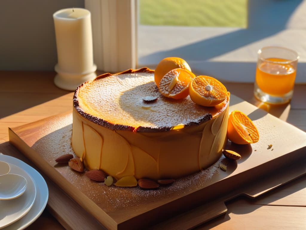  A minimalistic image of a freshly baked orange and almond cake sitting on a rustic wooden table, with a soft, warm light filtering through a nearby window, casting a gentle shadow. The cake is adorned with sliced almonds on top, and a few vibrant orange slices are artfully arranged around it. The simple yet elegant presentation highlights the moist texture and aromatic qualities of the cake, enticing the reader to indulge in a slice alongside a steaming cup of tea. hyperrealistic, full body, detailed clothing, highly detailed, cinematic lighting, stunningly beautiful, intricate, sharp focus, f/1. 8, 85mm, (centered image composition), (professionally color graded), ((bright soft diffused light)), volumetric fog, trending on instagram, trending on tumblr, HDR 4K, 8K