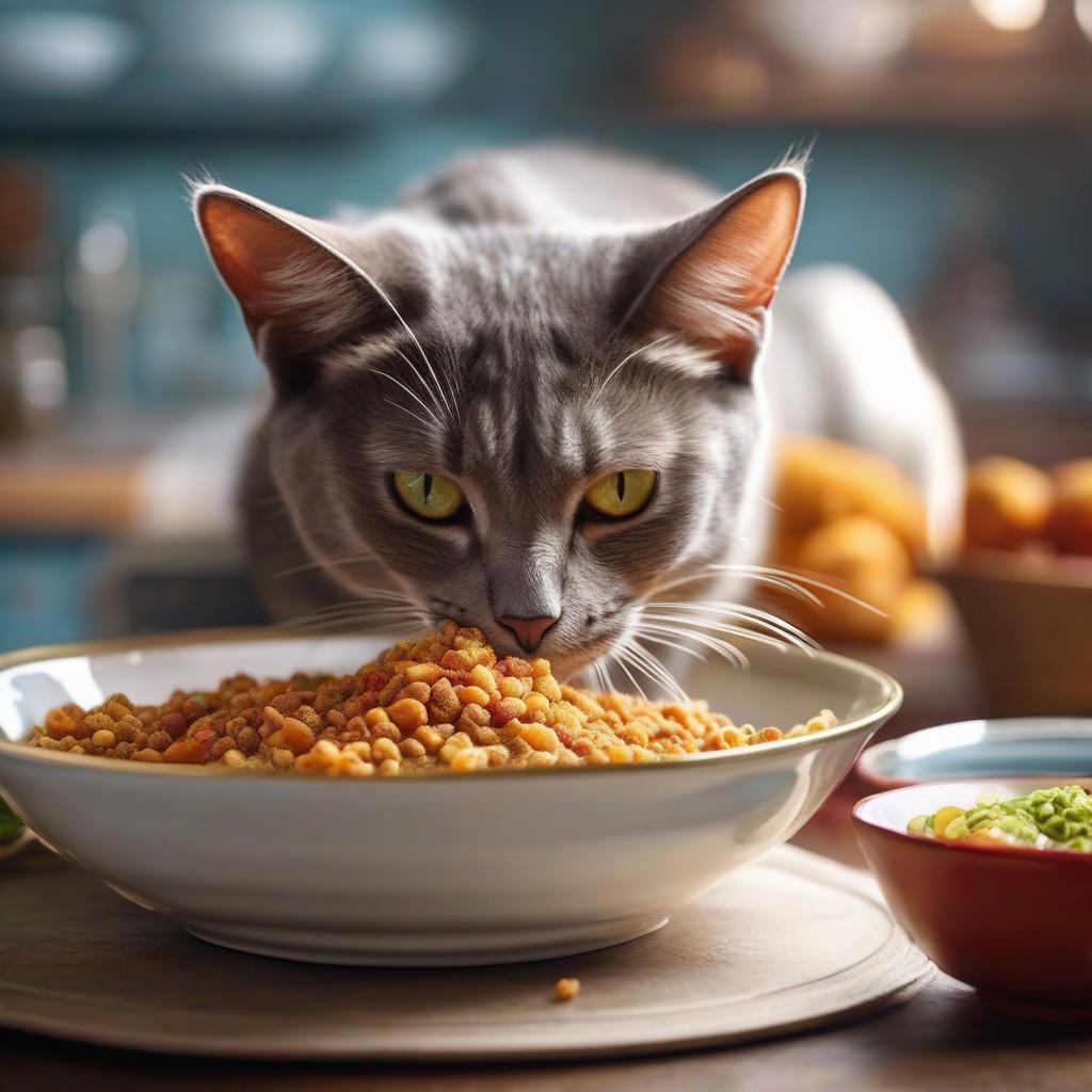  The cat eats moist food from a bowl. hyperrealistic, full body, detailed clothing, highly detailed, cinematic lighting, stunningly beautiful, intricate, sharp focus, f/1. 8, 85mm, (centered image composition), (professionally color graded), ((bright soft diffused light)), volumetric fog, trending on instagram, trending on tumblr, HDR 4K, 8K