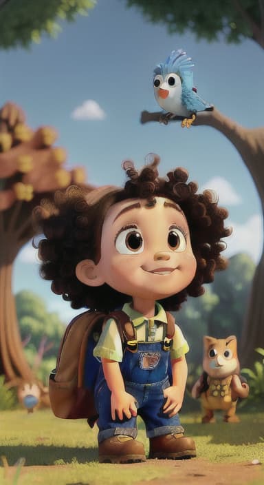  {Riley looking up at the tree with a big smile, animals surrounding them., Riley, a curious with big brown eyes and curly hair, wearing overalls and carrying a small backpack. Their friend, Skye, a bluebird with shiny feathers.