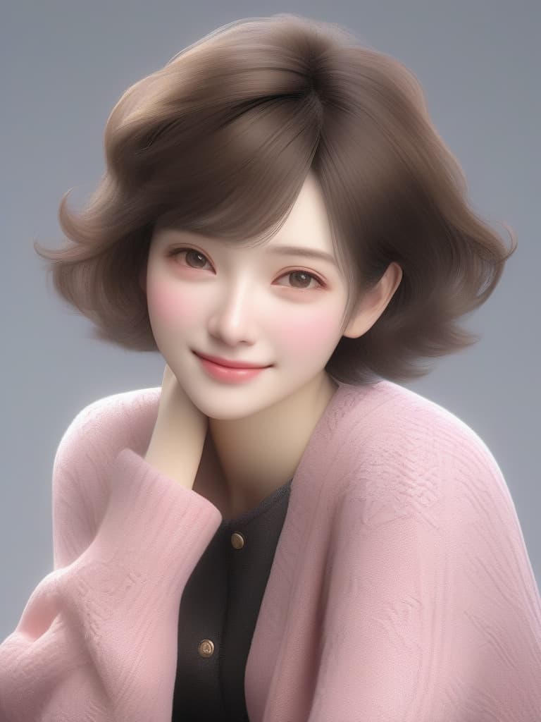  Black medium shorthair、Beautiful woman、She is wearing a black blouse and a pink cardigan、Looking at the camera with her chin on her hands、With a smile、Looking at this、, masterpiece, best quality,8k,ultra detailed,high resolution,an extremely delicate and beautiful,hyper detail