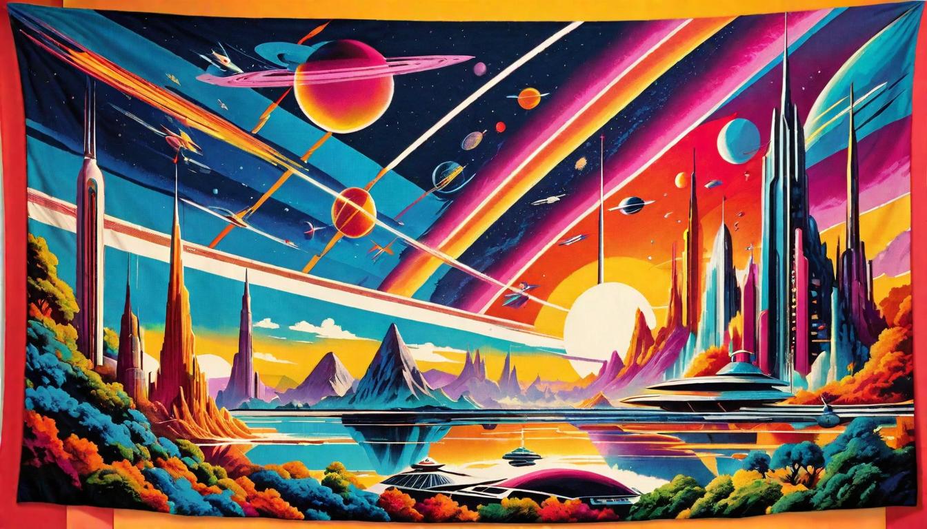  retro futuristic A tapestry woven with vibrant threads, each color representing a different experience, merging into a picture of harmonized unity. Healing journey, Tapestry of life, Unity in diversity. lvintage sci fi, 50s and 60s style, atomic age, vibrant, highly detailed