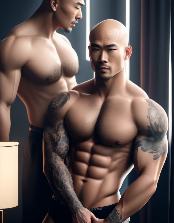  muscle, tattooed Chinese bald boys with no hair making love in hotel,  whole dorsal body，chest hair hyperrealistic, full body, detailed clothing, highly detailed, cinematic lighting, stunningly beautiful, intricate, sharp focus, f/1. 8, 85mm, (centered image composition), (professionally color graded), ((bright soft diffused light)), volumetric fog, trending on instagram, trending on tumblr, HDR 4K, 8K