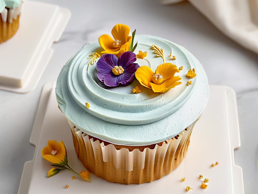  A closeup, ultradetailed image of a perfectly frosted cupcake adorned with delicate edible flowers and shimmering gold flakes, set against a sleek, white marble backdrop. The frosting is flawlessly piped in intricate swirls, showcasing the craftsmanship and artistry of modern pastry design. Every petal of the flowers is exquisitely detailed, capturing the essence of elegance and sophistication in the world of augmented reality baking. hyperrealistic, full body, detailed clothing, highly detailed, cinematic lighting, stunningly beautiful, intricate, sharp focus, f/1. 8, 85mm, (centered image composition), (professionally color graded), ((bright soft diffused light)), volumetric fog, trending on instagram, trending on tumblr, HDR 4K, 8K