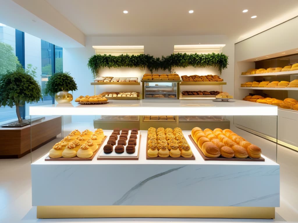  A minimalist image of a sleek and modern pastry shop interior, featuring a pristine marble countertop with a display of exquisite pastries artfully arranged under soft, natural lighting. The decor includes touches of elegant gold accents, lush greenery, and a subtle branding logo discreetly placed. The overall aesthetic exudes sophistication and conveys a sense of upscale experiential marketing in a pastelería setting. hyperrealistic, full body, detailed clothing, highly detailed, cinematic lighting, stunningly beautiful, intricate, sharp focus, f/1. 8, 85mm, (centered image composition), (professionally color graded), ((bright soft diffused light)), volumetric fog, trending on instagram, trending on tumblr, HDR 4K, 8K