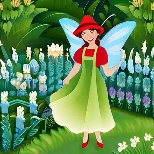  "Imagine a scene on a bright spring day set in a corner of a lush blue garden. It features a small, adorable fairy named Lina, dressed in a sparkling green dress and sporting a cute red hat. The wings of Lina are softly glowing. The garden setting is rich with flowers of various colors, while the verdant green grass glistens under the sunlight. This prompt emphasizes the clear and vivid description of the scene, providing specifics and essential elements." , best quality, very detailed, high resolution, sharp, sharp image, extremely detailed, 4k, 8k hyperrealistic, full body, detailed clothing, highly detailed, cinematic lighting, stunningly beautiful, intricate, sharp focus, f/1. 8, 85mm, (centered image composition), (professionally color graded), ((bright soft diffused light)), volumetric fog, trending on instagram, trending on tumblr, HDR 4K, 8K