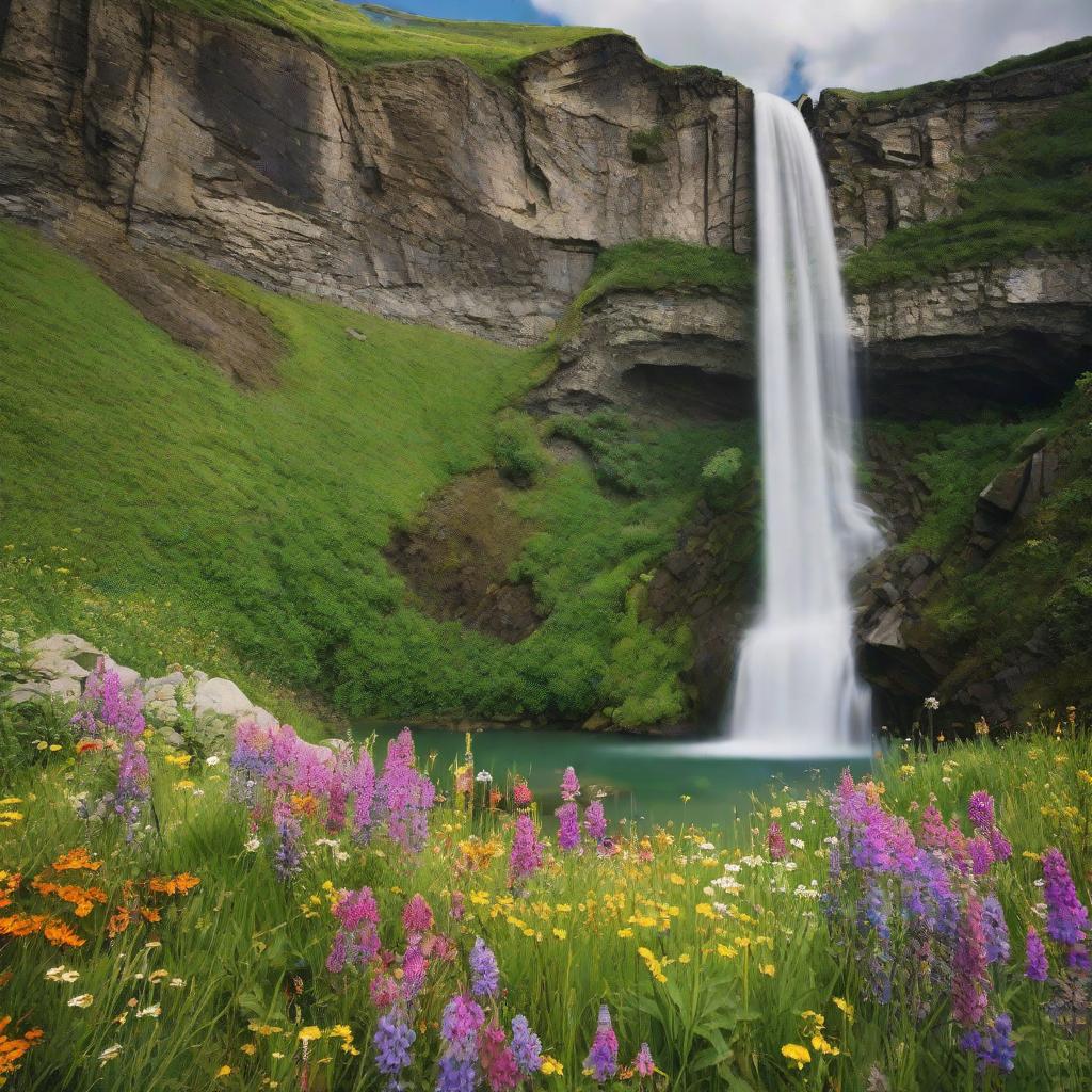  Masterpiece, best quality, this is a stunning photo of a majestic waterfall cascading down a lush green cliff surrounded by vibrant wildflowers. The tranquil setting is filled with the soothing sound of water hitting rocks, creating a peaceful atmosphere. This photo captures the natural beauty of the landscape in photographic style, with natural light enhancing color and texture. Shot with a high-resolution digital SLR camera and wide-angle lens, the details are sharp and the composition is perfectly balanced, attracting the audience to immerse themselves in the amazing scenery.