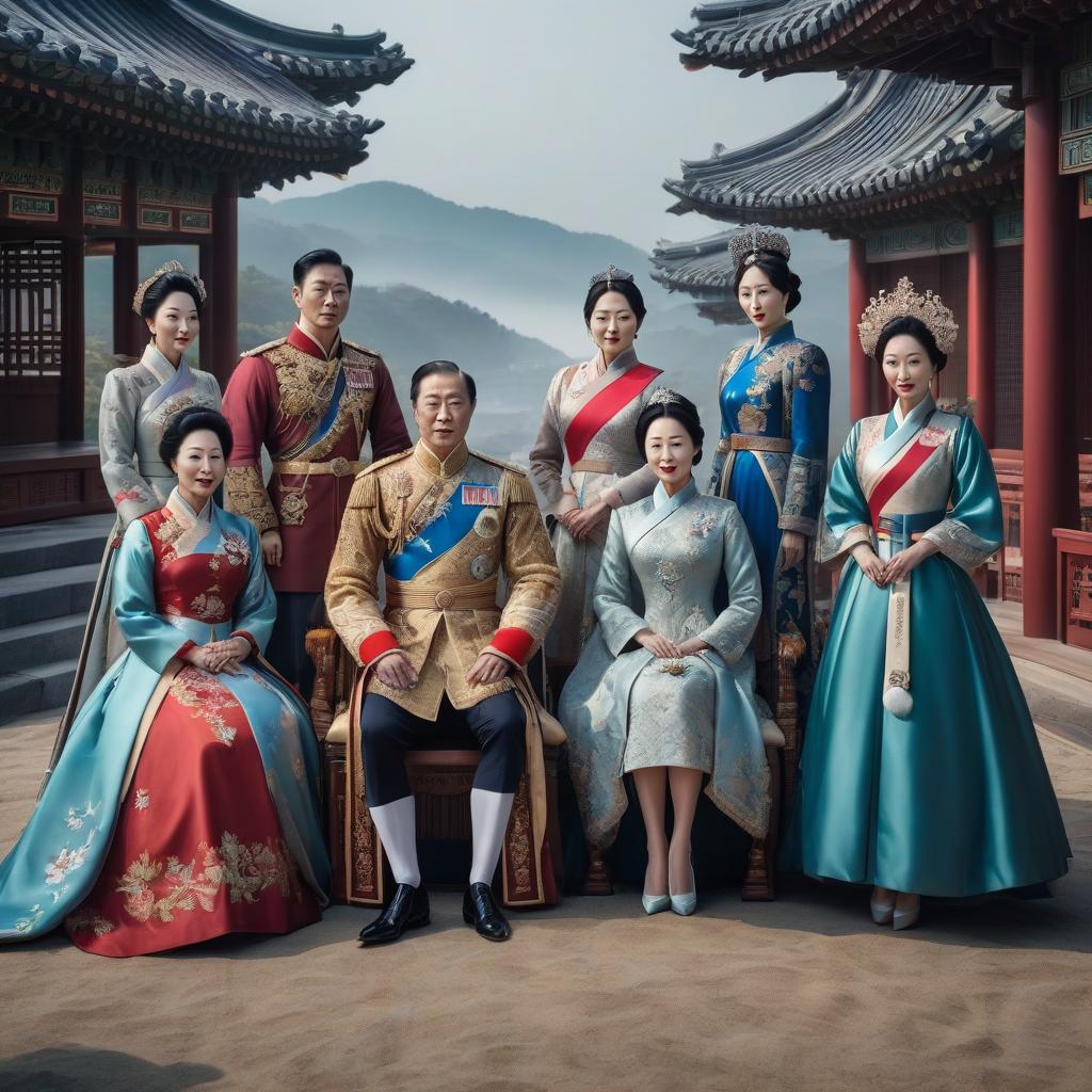  The three royal families in South Korea. hyperrealistic, full body, detailed clothing, highly detailed, cinematic lighting, stunningly beautiful, intricate, sharp focus, f/1. 8, 85mm, (centered image composition), (professionally color graded), ((bright soft diffused light)), volumetric fog, trending on instagram, trending on tumblr, HDR 4K, 8K