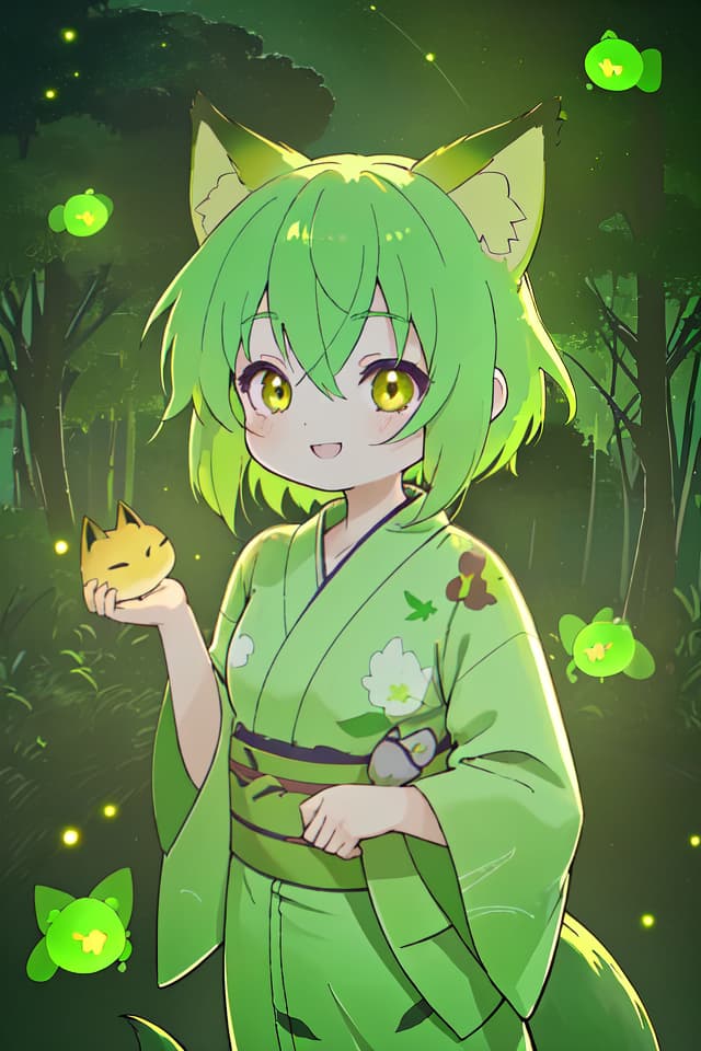  A yukata of the green hair character in the fox ear, the light of countless fireflies shines in the dark countryside, a very beautiful smile, a large amount of fireflies dancing, detailed shadows, delicate lines, detailed fine details. Line, ultra high image quality, 4K, 8K