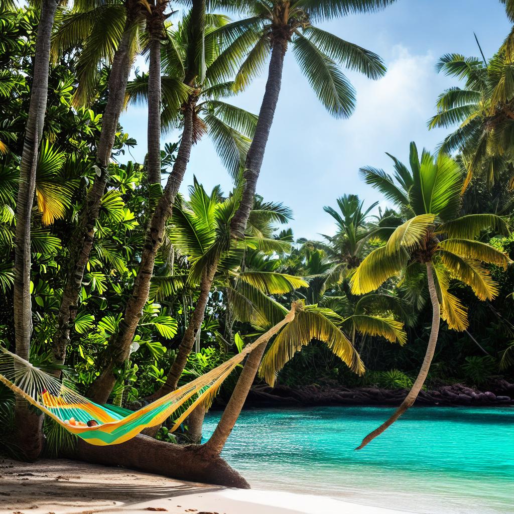  A tropical masterpiece with the best quality, 8k resolution, and high detailed, ultra-detailed elements. A breathtaking scene of a secluded beach surrounded by lush palm trees and vibrant tropical flowers. (Crystal clear turquoise water) gently caresses the glistening white sandy shore. (A hammock) sways lazily between two palm trees, inviting relaxation and tranquility. (Colorful tropical birds) flit through the air, their vibrant plumage contrasting against the lush greenery. (Golden sunlight) filters through the palm fronds, casting a warm glow on the scene. hyperrealistic, full body, detailed clothing, highly detailed, cinematic lighting, stunningly beautiful, intricate, sharp focus, f/1. 8, 85mm, (centered image composition), (professionally color graded), ((bright soft diffused light)), volumetric fog, trending on instagram, trending on tumblr, HDR 4K, 8K