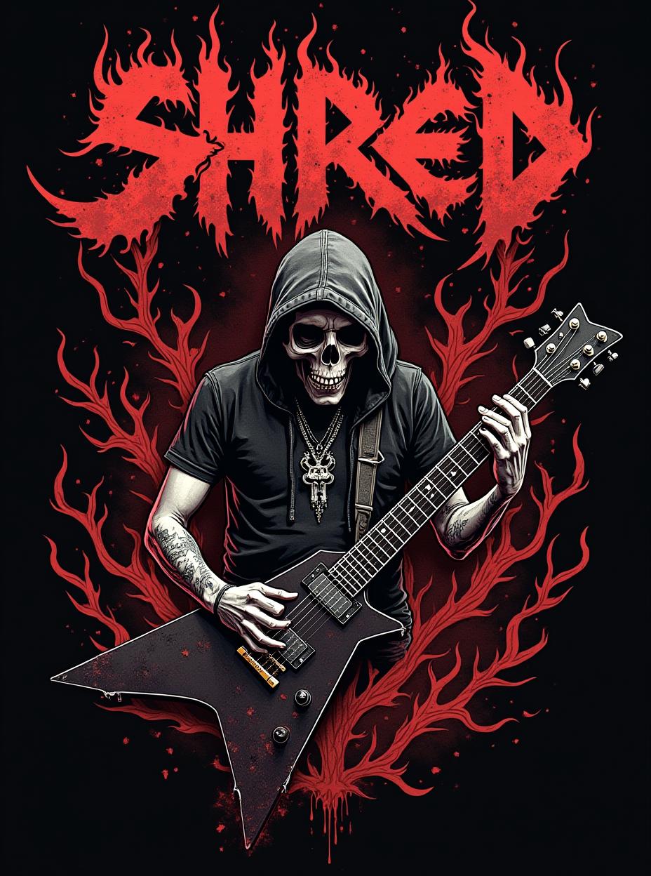  good quality, high quality, death metal shirt design. there are designs related to twitch streaming, metal music, guitar, with letters "shred on top