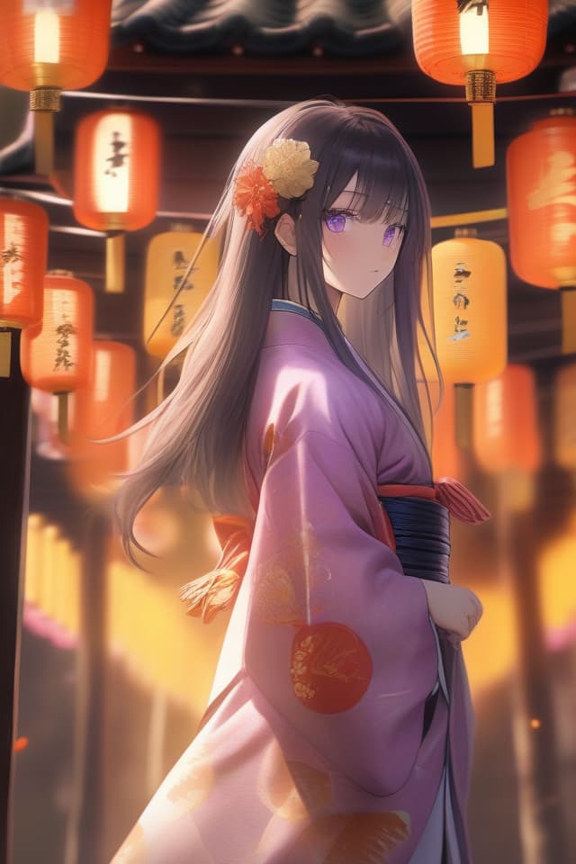  detailed,ultra detailed,hyper detailed,insanely detailed,high quality,highres,absurdres,a girl,a tiger,sleepy,walking,looking to the side,absurdly long hair,very long hair,hime cut,black hair,gradient hair,purple hair,purple eyes,eyes half closed,fair skin,short,slim,kimono,hakama,japanese clothes,gold background,orange background,yellow background,with a shrine,with a flower,at dusk,beautiful,mystical atmosphere,full body shot,from side,dutch angle shot,ground level shot,wide view,in focus with blurred background