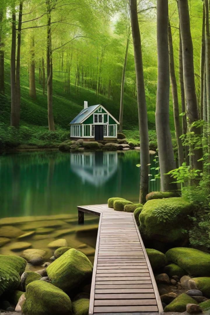  Capture a moment in time with a generated, well-structured photograph. Enhance the scene with your unique ideas, turning it into a personalized masterpiece: green house in forest with a lake