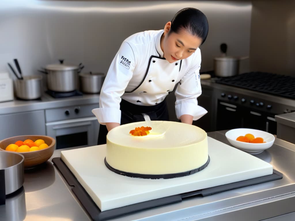  An ultradetailed, photorealistic image of a Japanese pastry chef meticulously preparing a traditional Japanese cheesecake in a sleek, modern kitchen. The chef is elegantly dressed in a crisp white uniform, expertly folding delicate ingredients with precision and focus. The kitchen is flooded with natural light, casting a soft glow on the chef's serene expression as they craft the cheesecake batter in a pristine glass mixing bowl. The image captures the intricate beauty and artistry of Japanese culinary techniques, showcasing the harmonious blend of tradition and innovation in the creation of this authentic dessert. hyperrealistic, full body, detailed clothing, highly detailed, cinematic lighting, stunningly beautiful, intricate, sharp focus, f/1. 8, 85mm, (centered image composition), (professionally color graded), ((bright soft diffused light)), volumetric fog, trending on instagram, trending on tumblr, HDR 4K, 8K