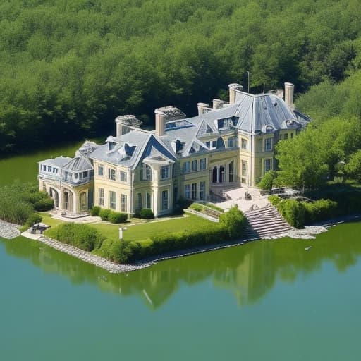 huge mansion made out of trash on a lake made of slime