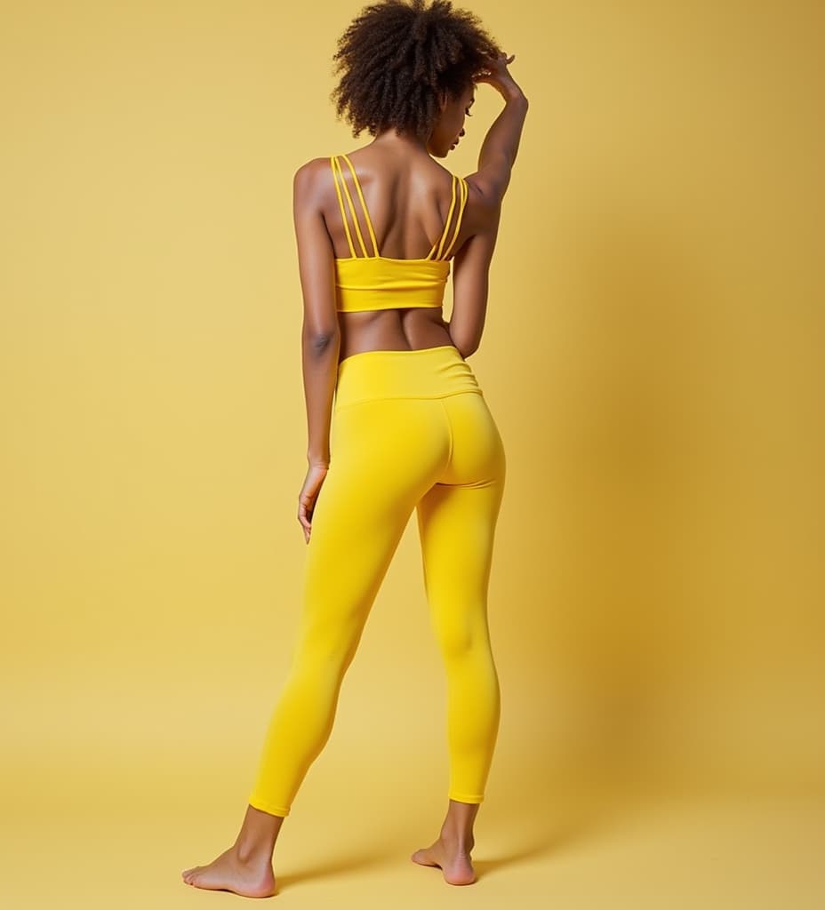  good quality, high quality, with yellow narrow top and yoga pants squating