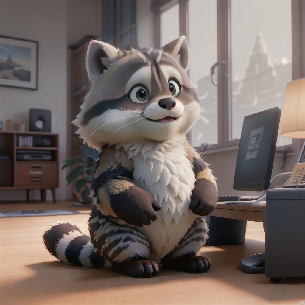  raccoon sitting in gaming chair front a computer on desktop, ((semi anthropomorphic)),(full body), tail, belly, sitting, fat, (chubby), (((white background))), solo, desktop, gaming chair, side view,  [[[clothes]]] hyperrealistic, full body, detailed clothing, highly detailed, cinematic lighting, stunningly beautiful, intricate, sharp focus, f/1. 8, 85mm, (centered image composition), (professionally color graded), ((bright soft diffused light)), volumetric fog, trending on instagram, trending on tumblr, HDR 4K, 8K