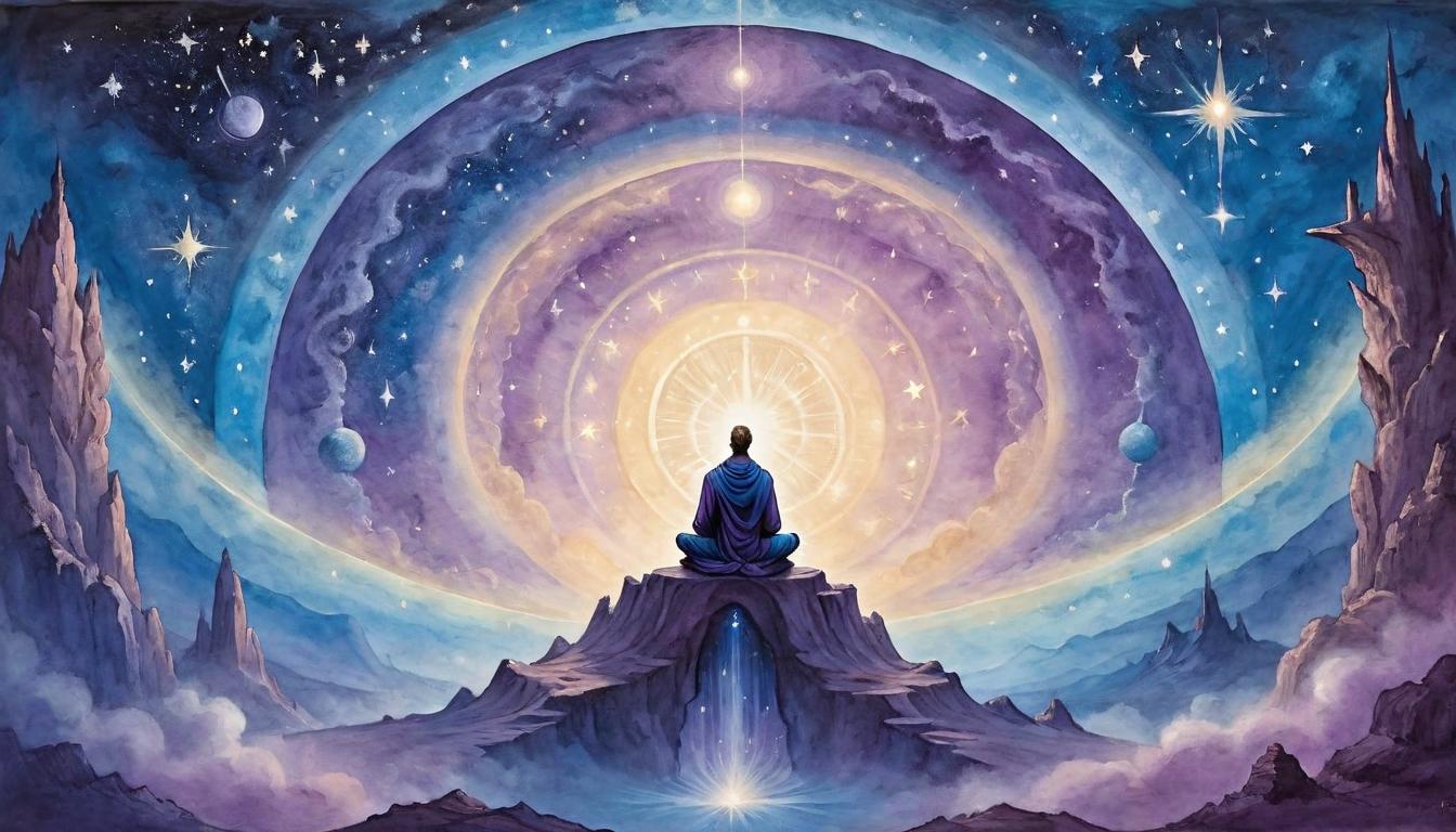  on parchment, surrealism+++, Human figure seated beneath a radiant celestial dome, stars twinkling overhead, hands outstretched, ethereal light flowing down, cosmic wisdom, otherworldly glow, deep blues and purples(mysterious, provocative, symbolic,muted color)+++