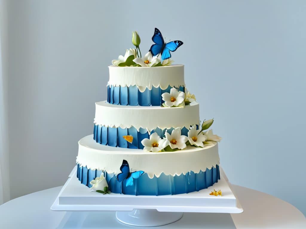  A closeup, ultradetailed image of a delicate, intricately decorated wedding cake featuring traditional icing designs interwoven with modern augmented reality elements, such as shimmering digital overlays of flowers and butterflies. The cake sits on a sleek, modern display stand against a clean, white background, showcasing the seamless integration of traditional pastry craftsmanship with cuttingedge technology. hyperrealistic, full body, detailed clothing, highly detailed, cinematic lighting, stunningly beautiful, intricate, sharp focus, f/1. 8, 85mm, (centered image composition), (professionally color graded), ((bright soft diffused light)), volumetric fog, trending on instagram, trending on tumblr, HDR 4K, 8K