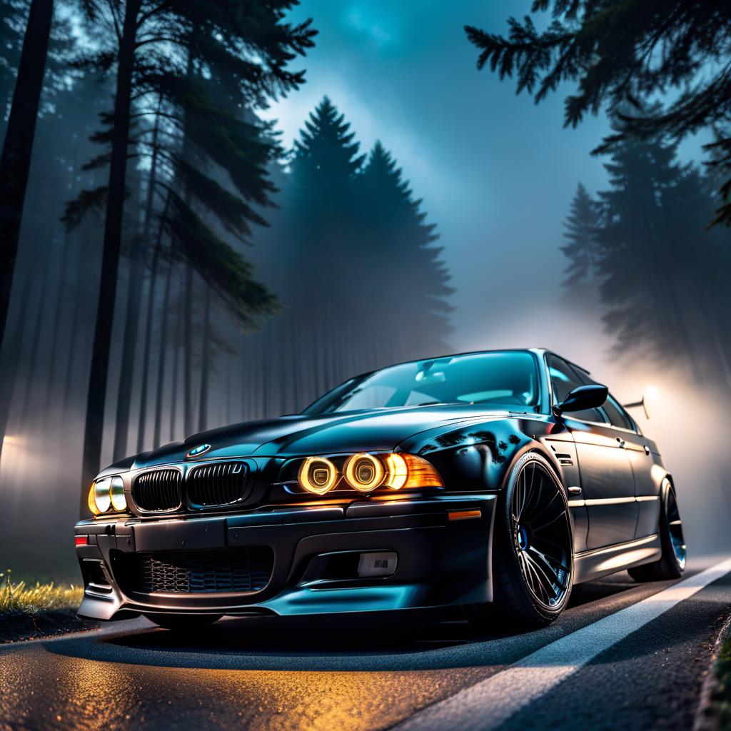  black BMW E39 restyling hyperrealistic, full body, detailed clothing, highly detailed, cinematic lighting, stunningly beautiful, intricate, sharp focus, f/1. 8, 85mm, (centered image composition), (professionally color graded), ((bright soft diffused light)), volumetric fog, trending on instagram, trending on tumblr, HDR 4K, 8K