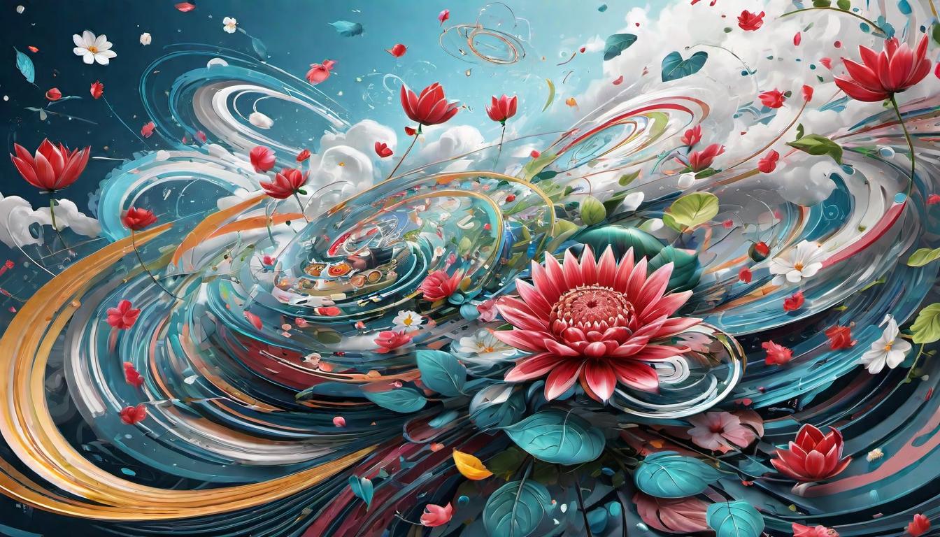  digital illustration A whirlwind, with technological devices swirling in a chaotic dance around a calm center, where a single flower blooms, resilience, balance. looking at viewer, dynamic pose, (intricate details, masterpiece, best quality)