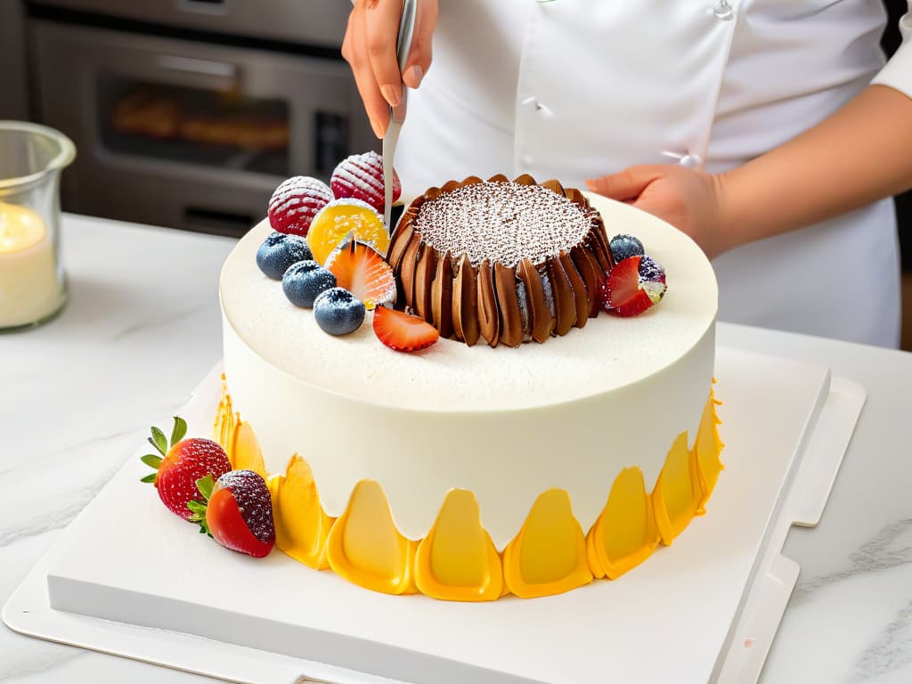  An intricately detailed photorealistic image of a professional pastry chef meticulously crafting a decadent allergyfriendly dessert in a pristine, modern kitchen. The chef, wearing a crisp white uniform, is delicately piping intricate designs on a beautifully decorated cake, surrounded by an array of colorful, allergenfree ingredients neatly organized on a sleek marble countertop. The image captures the precision and artistry required in creating safe and delicious treats for individuals with food allergies, exuding an air of inspiration and expertise. hyperrealistic, full body, detailed clothing, highly detailed, cinematic lighting, stunningly beautiful, intricate, sharp focus, f/1. 8, 85mm, (centered image composition), (professionally color graded), ((bright soft diffused light)), volumetric fog, trending on instagram, trending on tumblr, HDR 4K, 8K