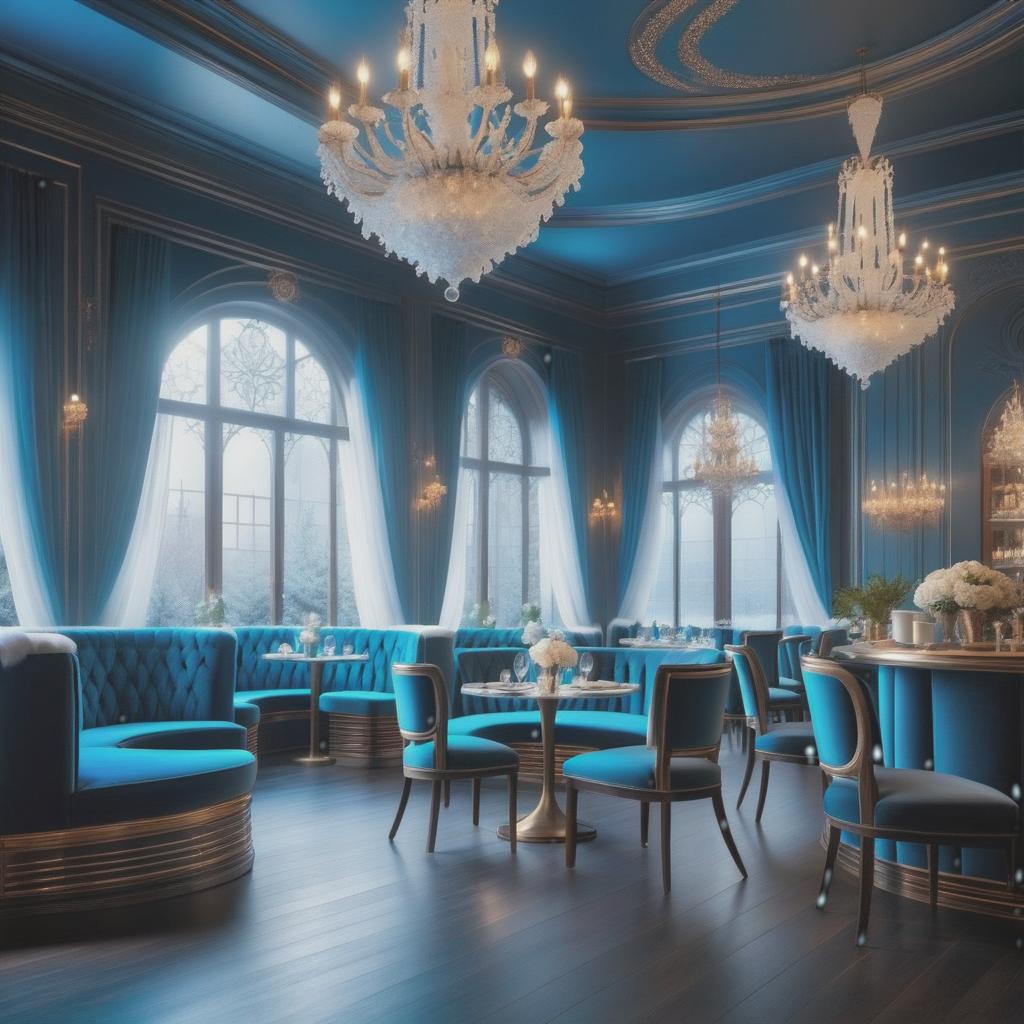  ethereal fantasy concept art of (Cafe interior). (Floor and walls):decorated with snowy intricate patterns of blue, white, silver snowflakes. (Furniture): elegant tables and chairs are forged from ice crystals and sparkle in the starlight. The windows are covered with openwork curtains made of frost. . magnificent, celestial, ethereal, painterly, epic, majestic, magical, fantasy art, cover art, dreamy hyperrealistic, full body, detailed clothing, highly detailed, cinematic lighting, stunningly beautiful, intricate, sharp focus, f/1. 8, 85mm, (centered image composition), (professionally color graded), ((bright soft diffused light)), volumetric fog, trending on instagram, trending on tumblr, HDR 4K, 8K