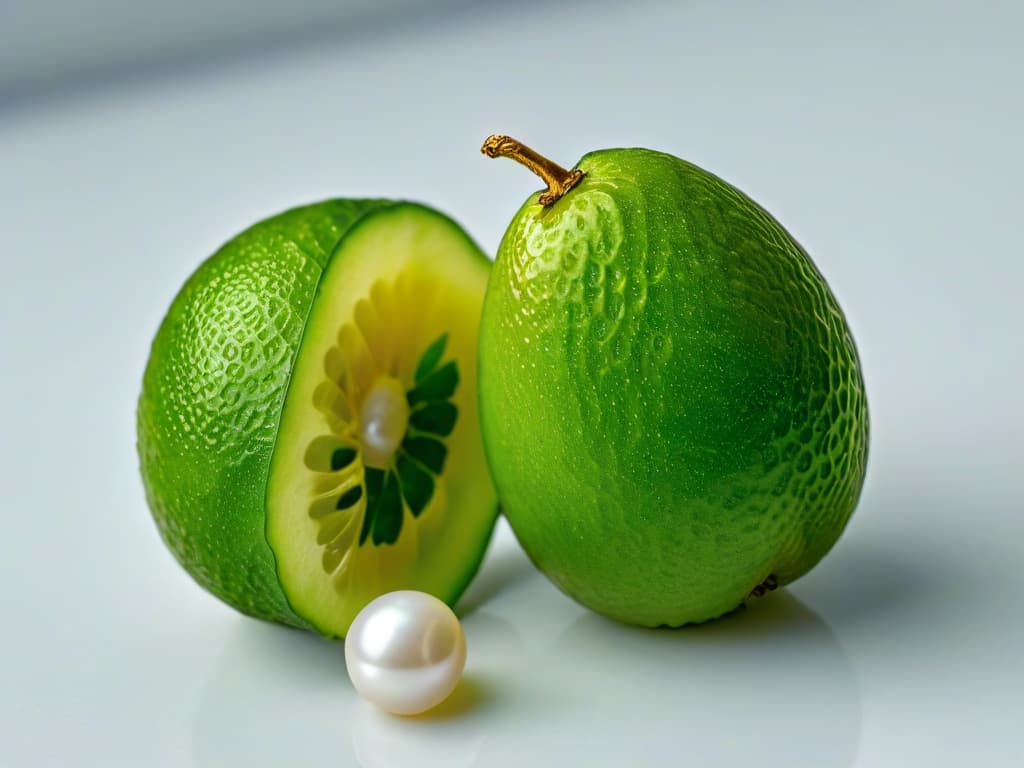  A highresolution, minimalist image featuring a closeup of a vibrant green Finger Lime sliced open, showcasing the unique caviarlike pearls inside, set against a simple white background to emphasize the fruit's exotic texture and color. hyperrealistic, full body, detailed clothing, highly detailed, cinematic lighting, stunningly beautiful, intricate, sharp focus, f/1. 8, 85mm, (centered image composition), (professionally color graded), ((bright soft diffused light)), volumetric fog, trending on instagram, trending on tumblr, HDR 4K, 8K