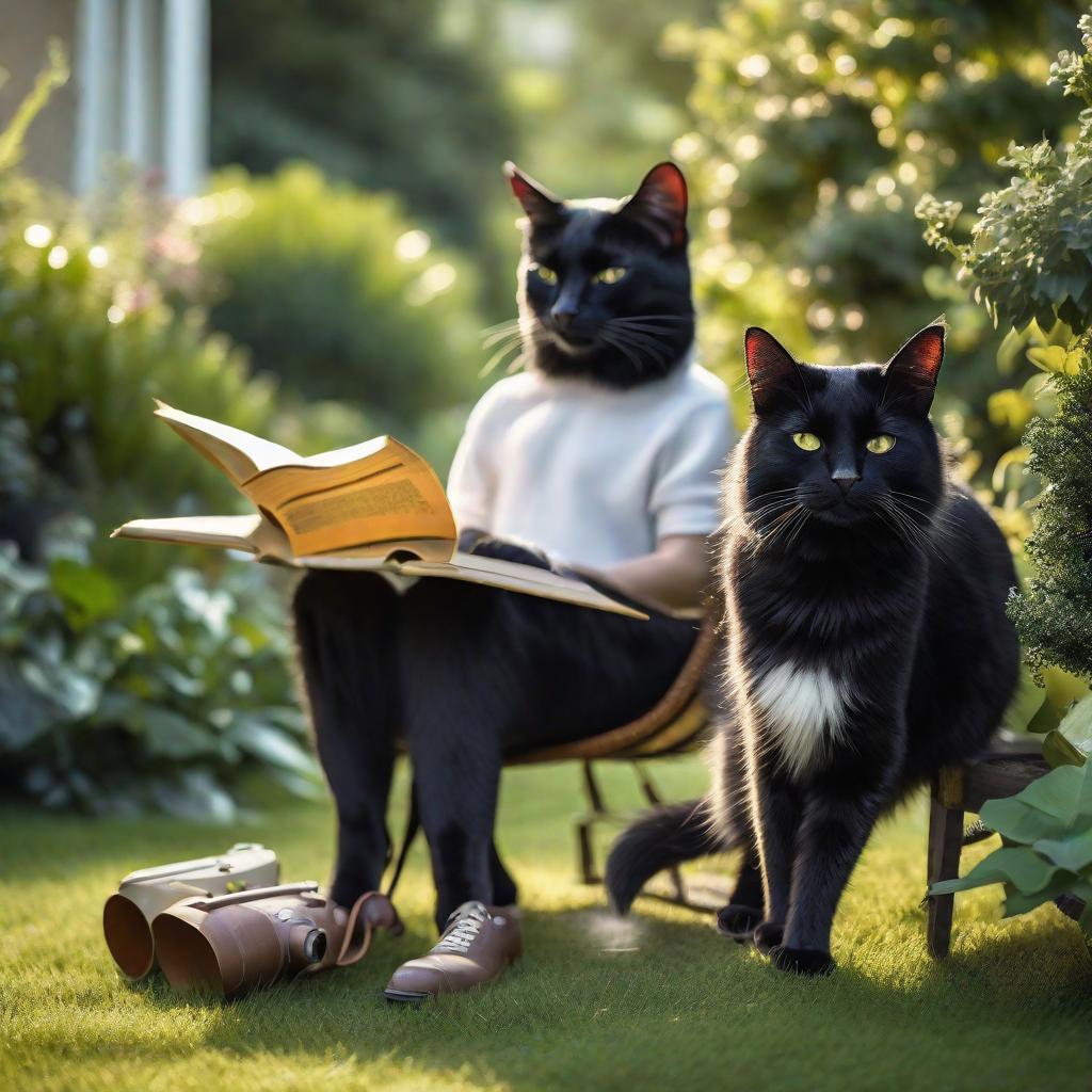  Realistic image of 2 black cats one bigger than the other wearing headphones and reading glasses while garden. hyperrealistic, full body, detailed clothing, highly detailed, cinematic lighting, stunningly beautiful, intricate, sharp focus, f/1. 8, 85mm, (centered image composition), (professionally color graded), ((bright soft diffused light)), volumetric fog, trending on instagram, trending on tumblr, HDR 4K, 8K