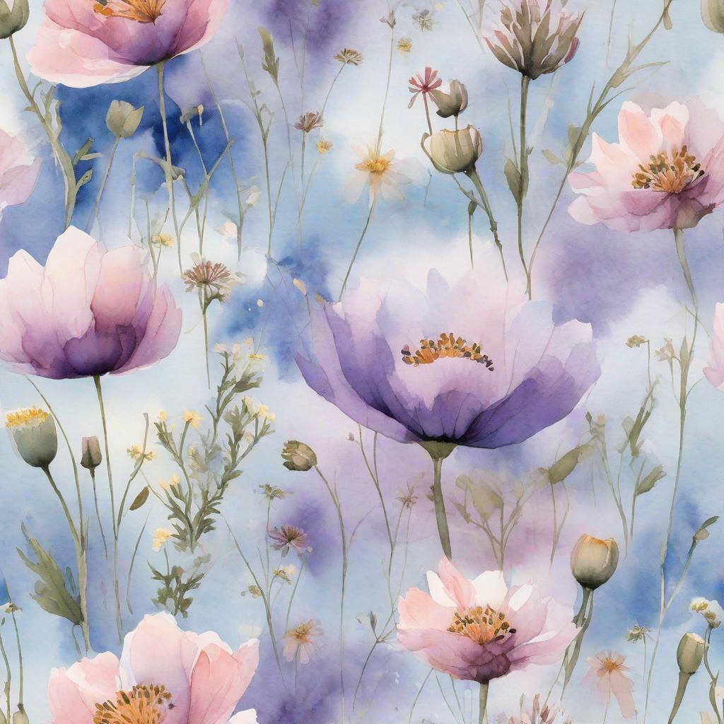  masterpiece, best quality, Delicate wildflowers in shades of soft pink, blue, and violet float in midair, their petals and stems outlined with crisp edges. The scene is captured in a dreamlike watercolor painting, with a white background adding to the ethereal atmosphere. The flowers are scattered sparingly, creating a sense of tranquility and serenity. The softness of the painting style enhances the delicate nature of the wildflowers, evoking a feeling of calm and beauty. Natural light gently illuminates the scene, casting a soft glow on the flowers. Realized with a high-resolution camera, the details of the flowers are captured with precision, showcasing their intricate beauty.