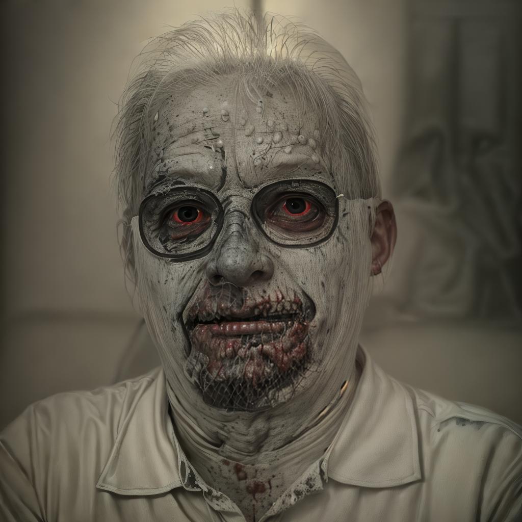  a portrait of a man transformed into a zombie, with pale decaying skin, darkened eyes, and tattered clothing, in the style of a horror movie, hyper realistic, 1:1 ar 768:768, high resolution, sharp focus, (perfect image composition), ((masterpiece)), (professionally color graded), ((bright soft diffused light))