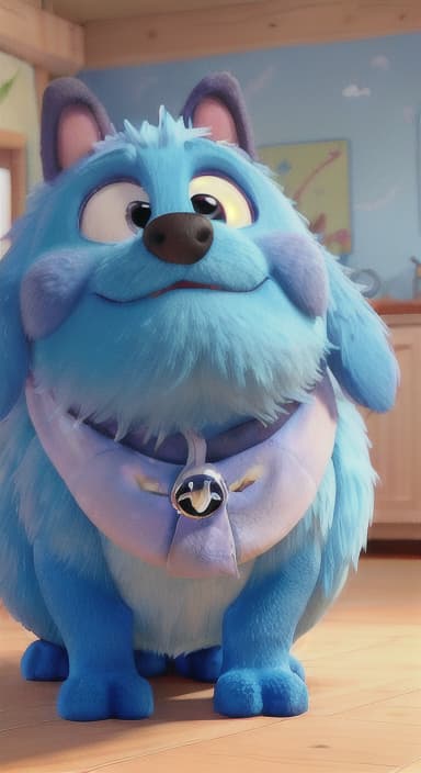  {Max snuggled up in his comfy dog bed inside the house, fast asleep, The big blue dog is large with sky blue fur, big round eyes, a black nose, and floppy ears.