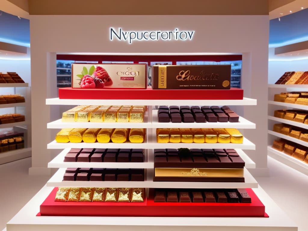  An image of a luxurious and minimalistic chocolate boutique display featuring an array of exquisite Ruby chocolate bars elegantly arranged on sleek glass shelves with soft, ambient lighting highlighting their rosy hues. Each bar is adorned with delicate gold foil packaging and placed alongside fresh raspberries and cacao pods, exuding an air of sophistication and decadence, perfect for the modern chocolate connoisseur seeking the latest trend in dessert indulgence. hyperrealistic, full body, detailed clothing, highly detailed, cinematic lighting, stunningly beautiful, intricate, sharp focus, f/1. 8, 85mm, (centered image composition), (professionally color graded), ((bright soft diffused light)), volumetric fog, trending on instagram, trending on tumblr, HDR 4K, 8K