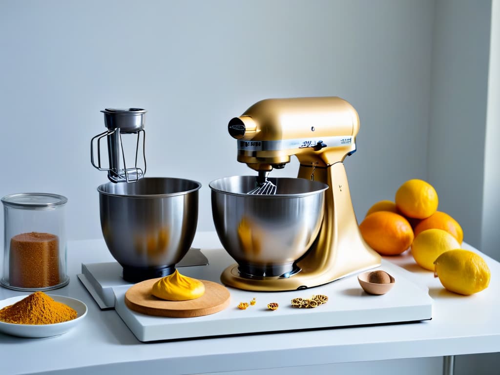  An ultradetailed image of a sleek, modern kitchen with stateoftheart baking equipment neatly arranged on a marble countertop. The image showcases a minimalist aesthetic, with clean lines, a neutral color palette, and subtle hints of gold accents. A stand mixer with a stainless steel bowl, a digital scale, and various baking tools are meticulously organized, exuding a sense of professionalism and precision in the art of modern pastry making. hyperrealistic, full body, detailed clothing, highly detailed, cinematic lighting, stunningly beautiful, intricate, sharp focus, f/1. 8, 85mm, (centered image composition), (professionally color graded), ((bright soft diffused light)), volumetric fog, trending on instagram, trending on tumblr, HDR 4K, 8K