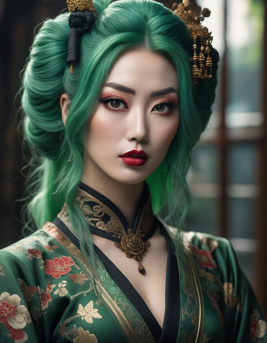  HDR photo of Gorgeous fluid, realistic and intricate, high definition portrait of a Gothic Geisha with realistic, clear eyes and detailed green hair, high resolution, photorealistic, Nikon Z9, 85mm F1.2, DOF, sharp focus very detailed and extremely beautiful. Intricate photorealistic 8k winning photography masterpiece, ultra detailed high definition sharp quality focused in hdr Ultra realistic, HR Ginger . High dynamic range, vivid, rich details, clear shadows and highlights, realistic, intense, enhanced contrast, highly detailed hyperrealistic, full body, detailed clothing, highly detailed, cinematic lighting, stunningly beautiful, intricate, sharp focus, f/1. 8, 85mm, (centered image composition), (professionally color graded), ((bright soft diffused light)), volumetric fog, trending on instagram, trending on tumblr, HDR 4K, 8K