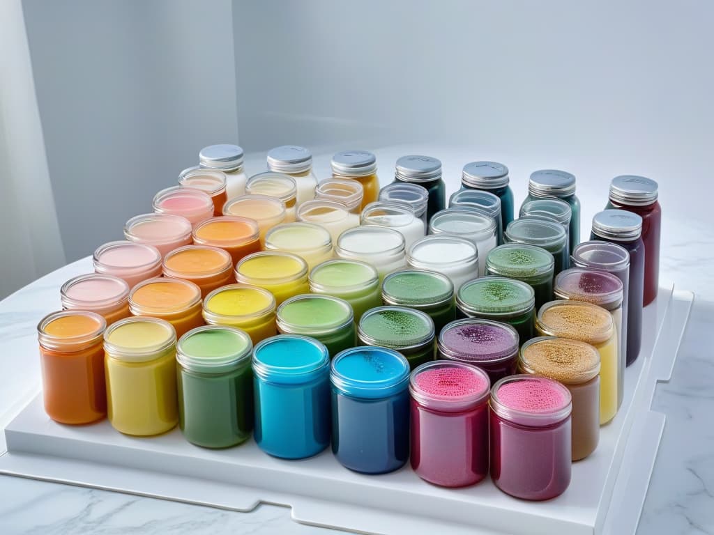  A closeup, ultradetailed image of a variety of vibrant edible colors neatly arranged in small jars on a sleek, white marble countertop. Each color is perfectly labeled with elegant calligraphy, showcasing a range of hues from pastel pinks to rich blues and deep greens. The natural light streaming in illuminates the colors, creating a visually stunning and appetizing display that embodies the essence of edible colors for pastry creations. hyperrealistic, full body, detailed clothing, highly detailed, cinematic lighting, stunningly beautiful, intricate, sharp focus, f/1. 8, 85mm, (centered image composition), (professionally color graded), ((bright soft diffused light)), volumetric fog, trending on instagram, trending on tumblr, HDR 4K, 8K